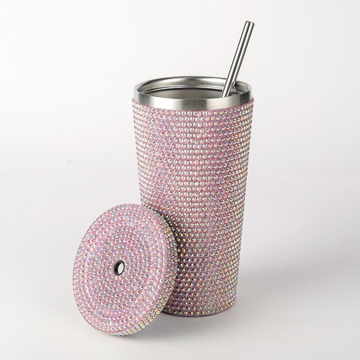 Sparkling rhinestone double wall stainless steel coffee cup