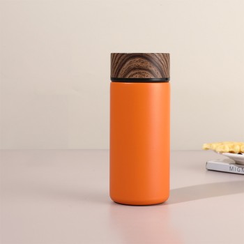 Wood grain vacuum insulated portable thermos cup
