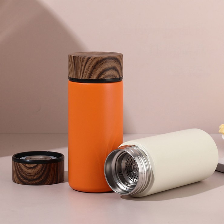 Wood grain vacuum insulated portable thermos cup